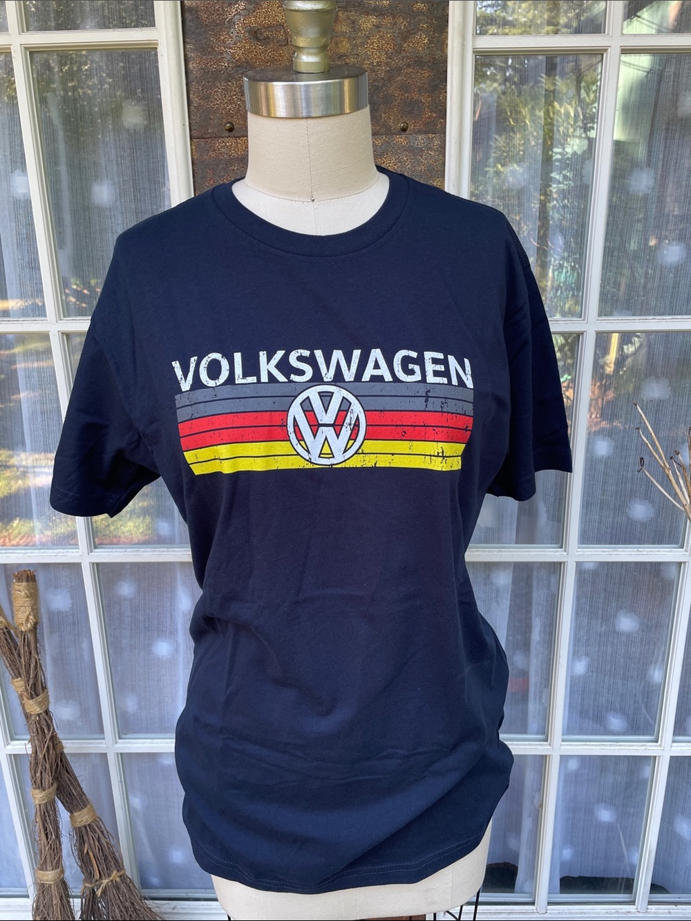 Volkswagen Dark Blue Graphic Tee Shirt with Red and Yellow Stripes